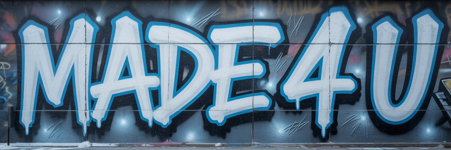 Graffiti „Made 4 U“ in eisigem Blau mit weißen Highlights, gesprüht auf Betonwand, frostige Effekte und Tigerkrallen, Snowtigz Kategorie-Banner für individuelle Streetwear