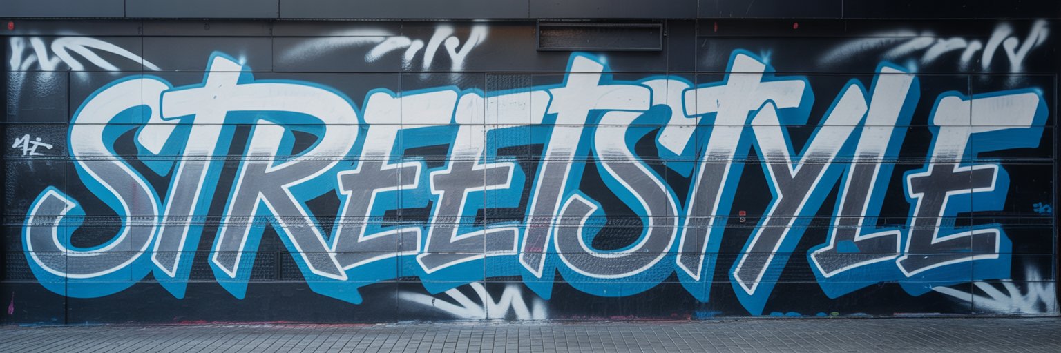 Graffiti „StreetStyle“ in eisblau und silber mit frostigen Highlights, gesprüht auf Ziegelwand mit Neon-Lichteffekten und Krallenspuren, Snowtigz Kategorie-Banner für StreetStyle Fashion