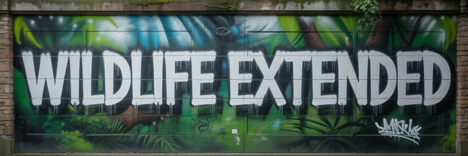 Graffiti „Wildlife Extended“ in grün und eisblau mit frostigem Glow, gesprüht auf Steinwand mit Moosdetails und Tierkrallen, Snowtigz Kategorie-Banner für Wildlife Kollektion