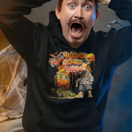 Mann trägt schwarzen Halloween Spirit Hoodie von Snowtigz – Urban Streetstyle mit Tiger-Motiv.