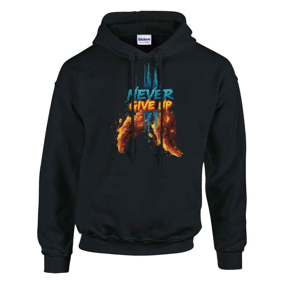 Herren Hoodie Never Give Up Streetwear mit Feuer und Eis Design