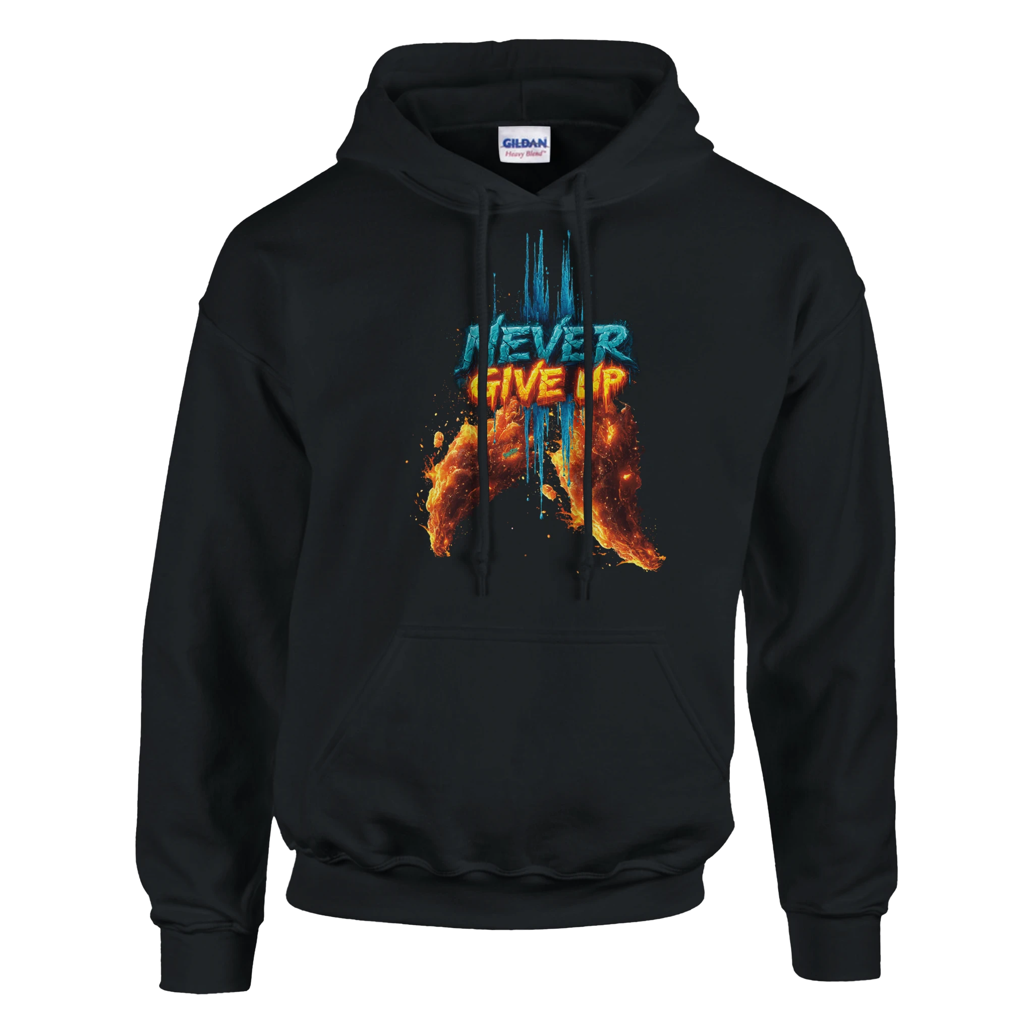 Herren Hoodie Never Give Up Streetwear mit Feuer und Eis Design