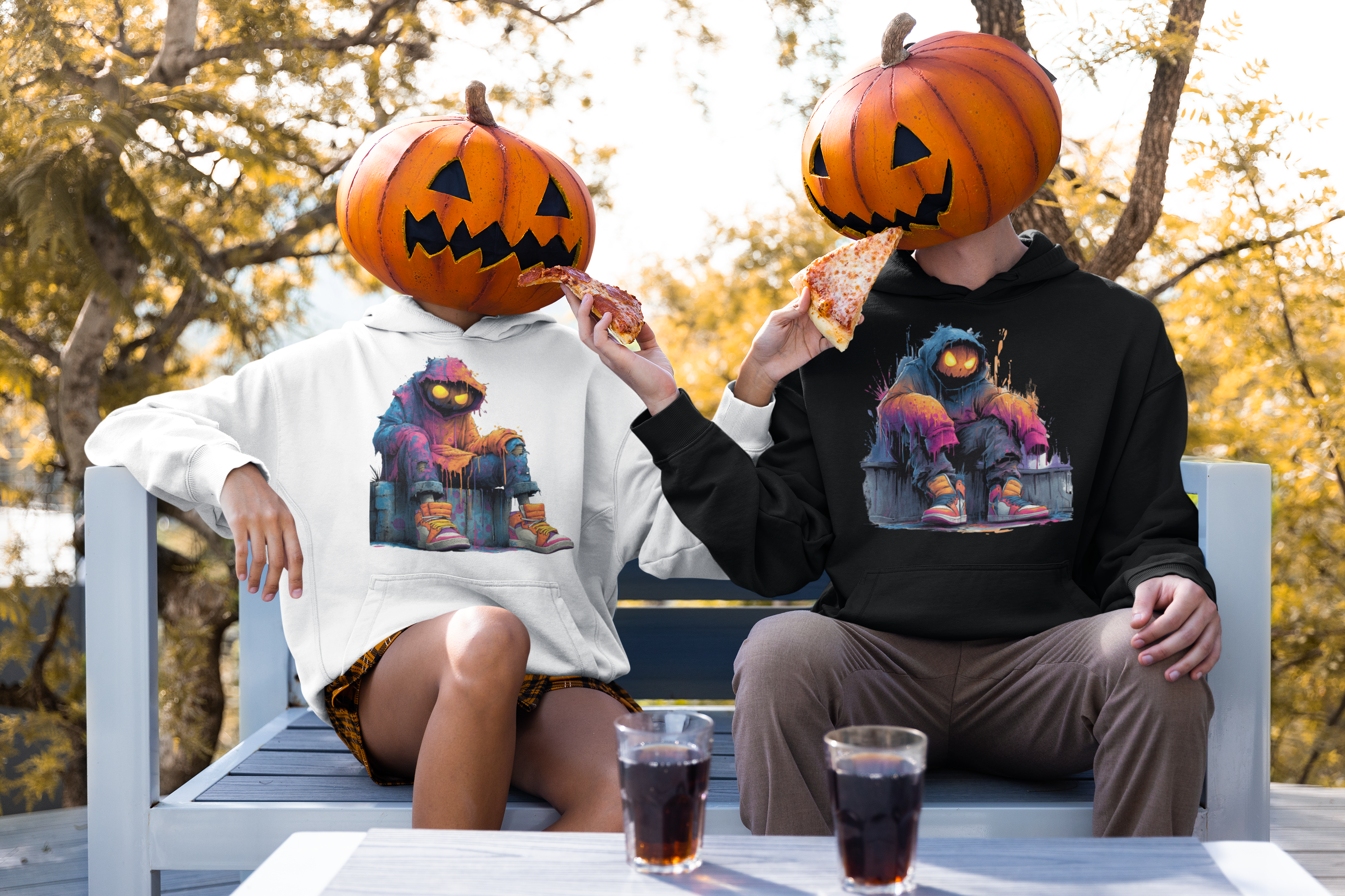 Paar mit Kürbisköpfen trägt urbane Pumpkin Hoodies – stylischer Halloween Streetwear Look.