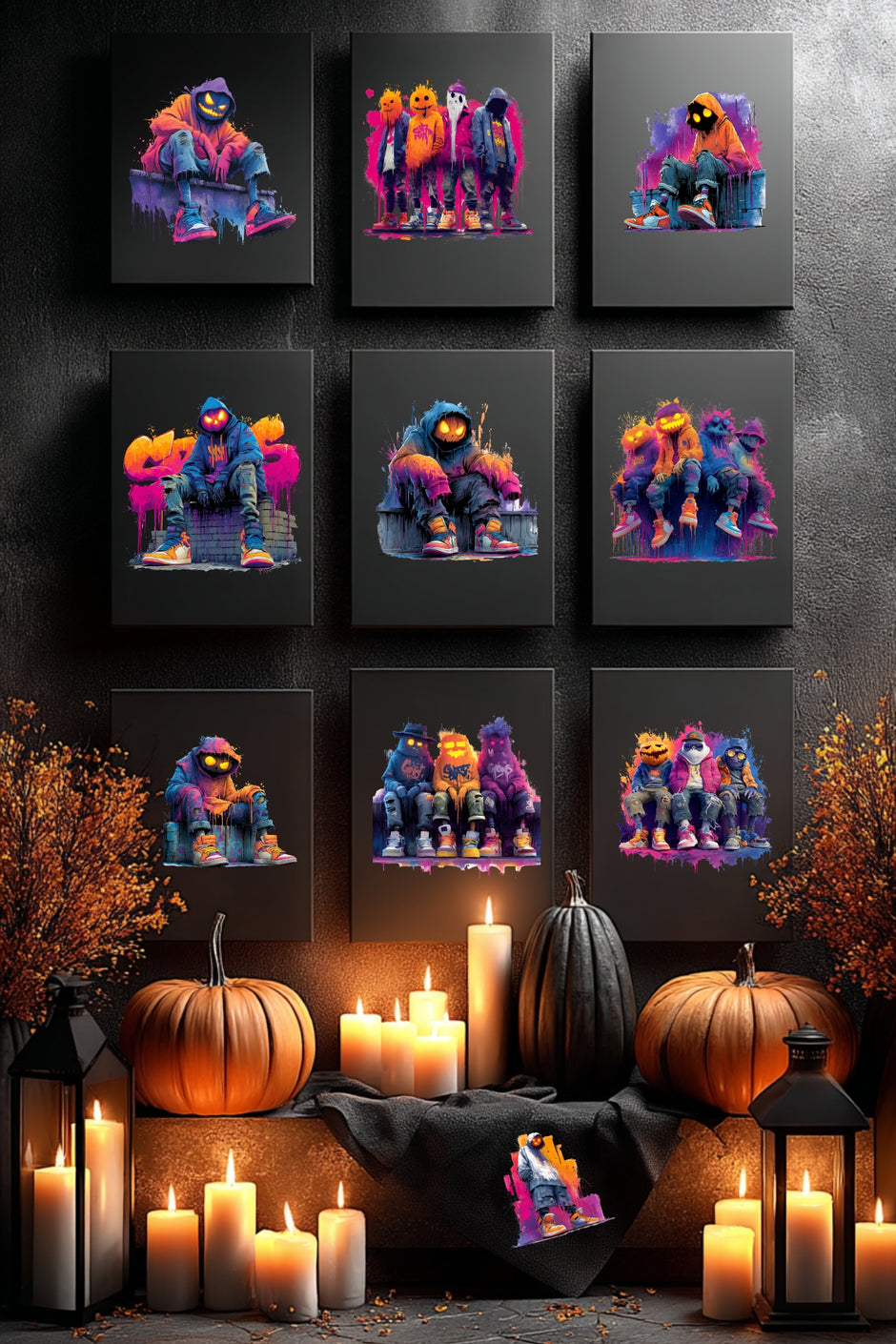 10 Halloween Pumpkin Designs als PNG von Snowtigz auf einer Bilderwand.