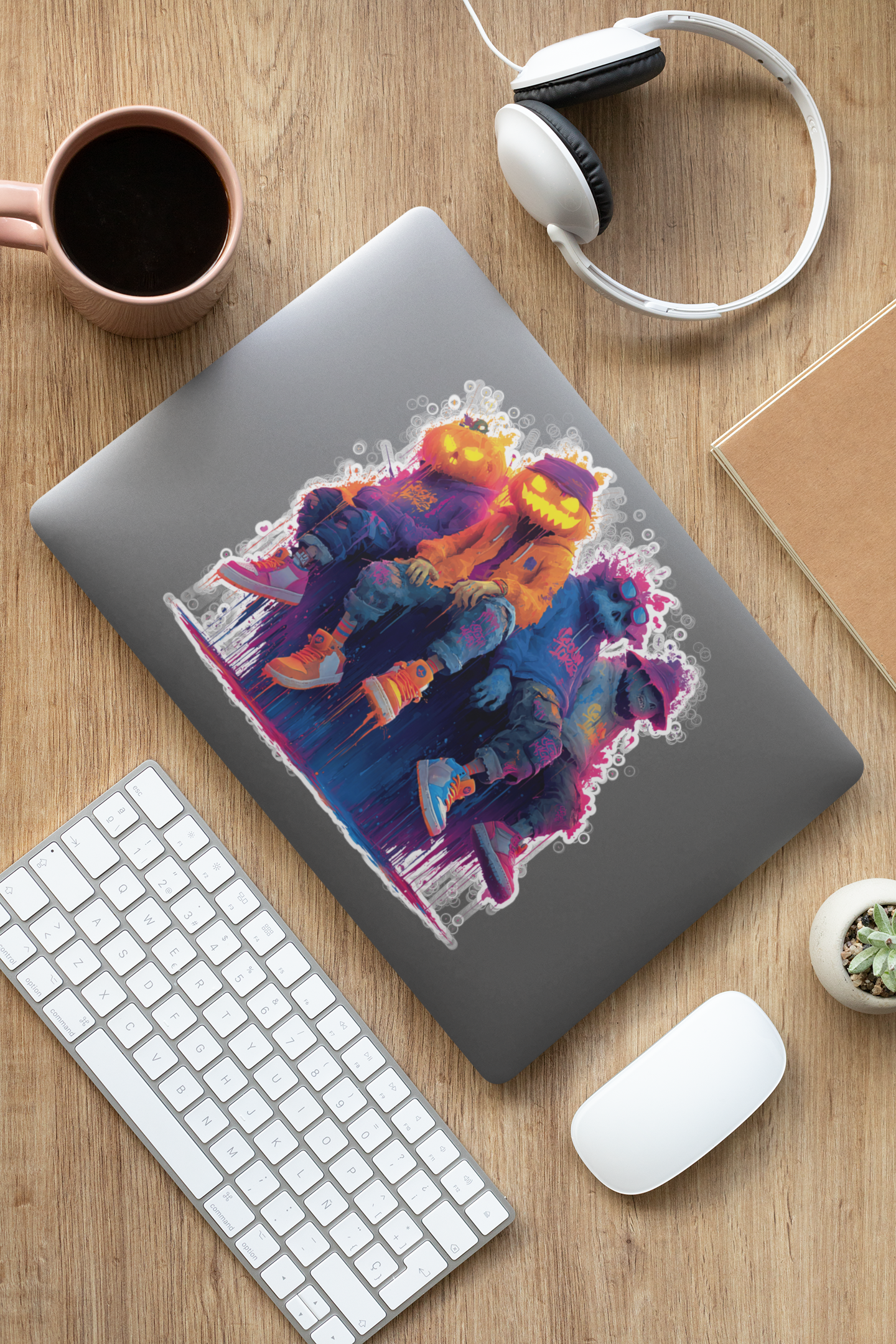 Sticker mit spooky Pumpkin Friends im urbanen Streetwear-Stil – leuchtende Halloween-Farben.