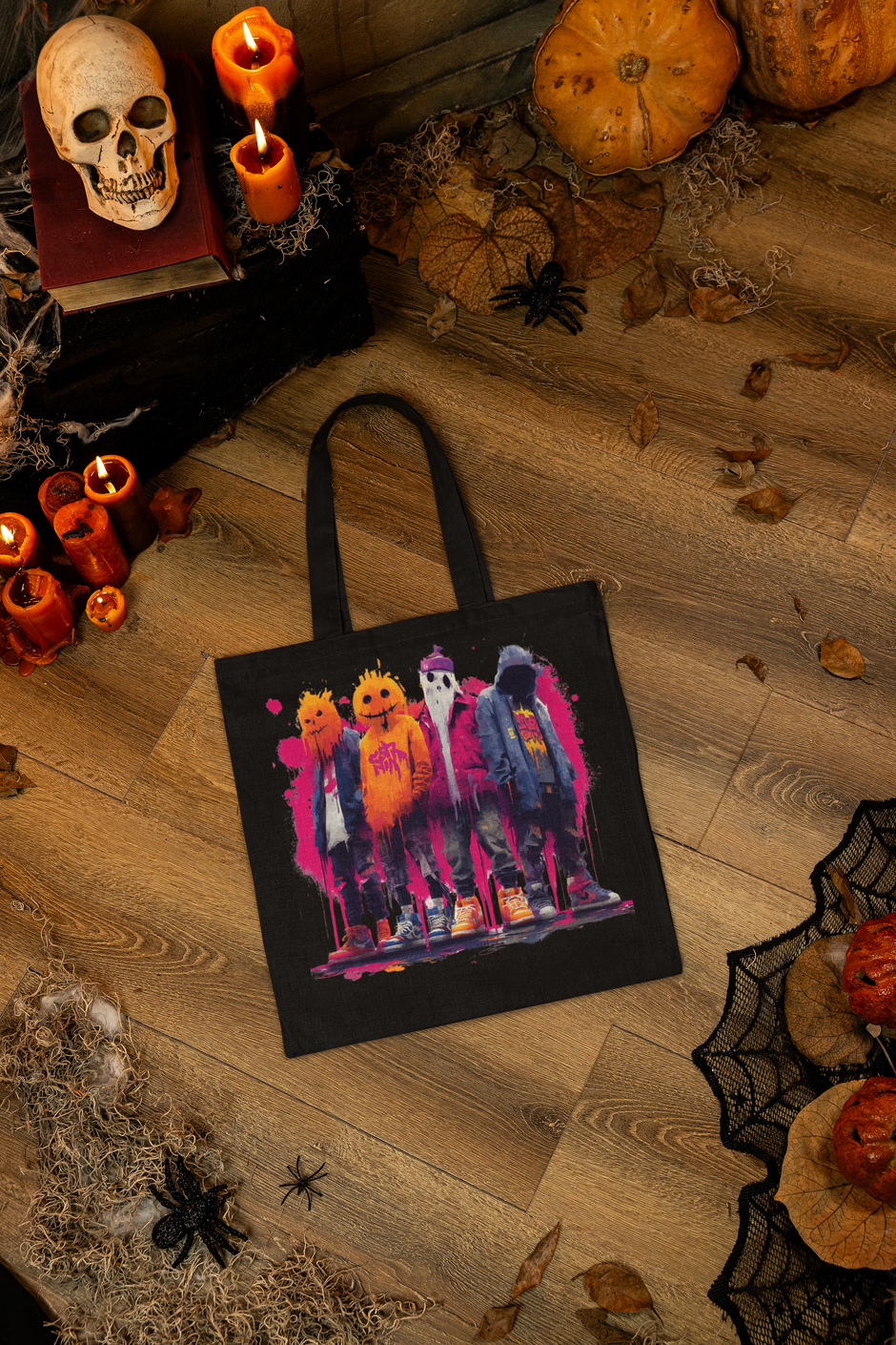 Halloween Tote Bag mit spooky Pumpkin Streetwear Gang – urbanes Snowtigz Design im leuchtenden Graffiti-Stil.