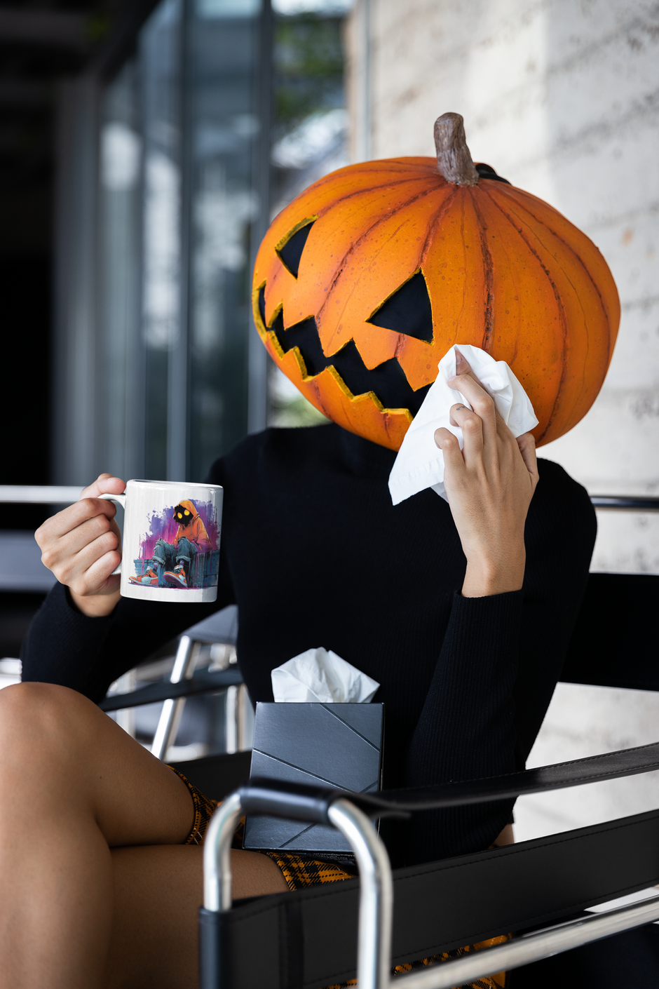 Frau mit Kürbiskopf hält Halloween-Tasse mit urbanem Pumpkin Motiv – spooky Szene im Snowtigz Stil.