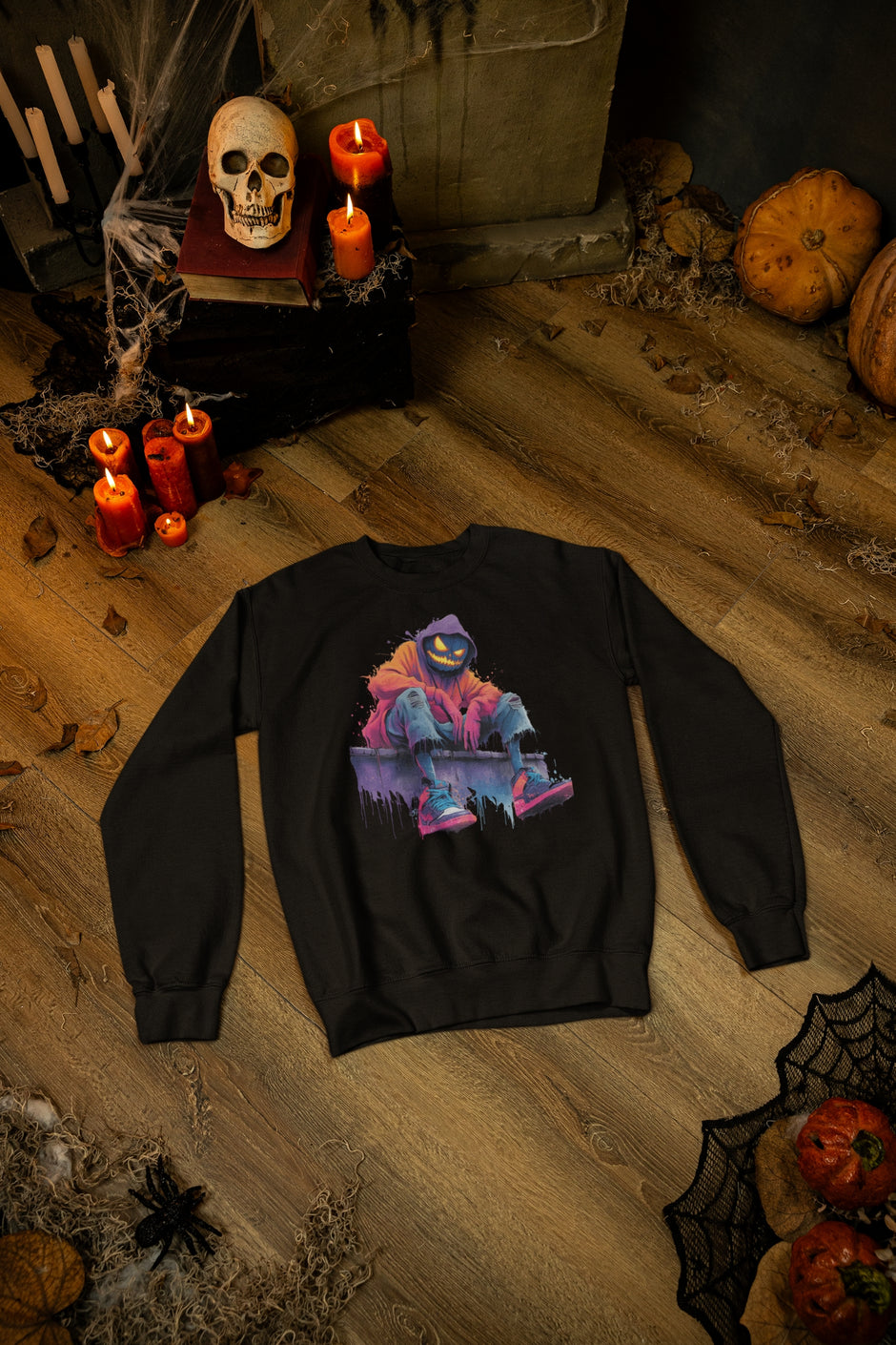 Schwarzes Sweatshirt mit spooky Pumpkin Streetwear Figur – urbaner Halloween Look im Snowtigz Stil.