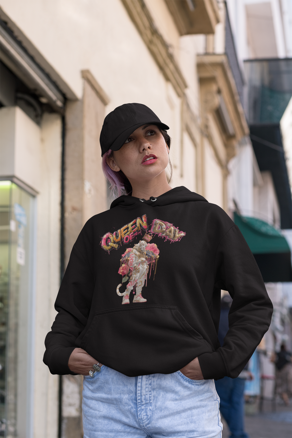 Damen Frontprint Hoodie Snowtigz Queen of the Day mit Tigerdame