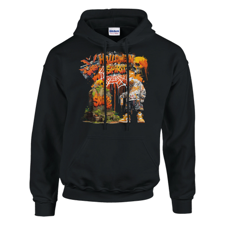 Detailansicht Snowtigz Design – weißer Tiger mit Kürbismaske vor Grabstein.