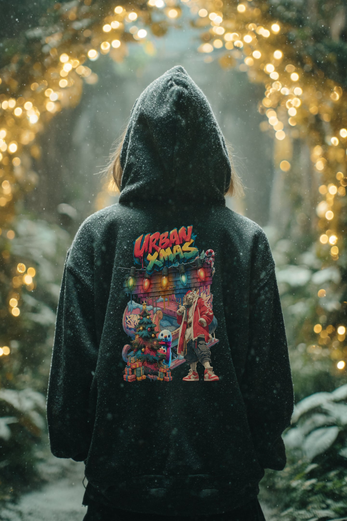 Urbaner Tiger Santa vor Schlitten und Weihnachtsbaum.