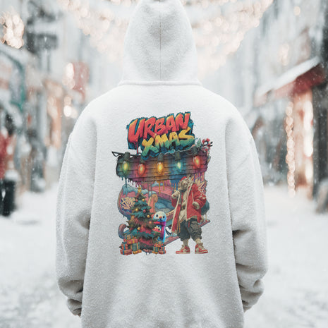 Snowtigz Urban XMAS Hoodie – weißer Tiger als Santa mit Weihnachtsbaum.