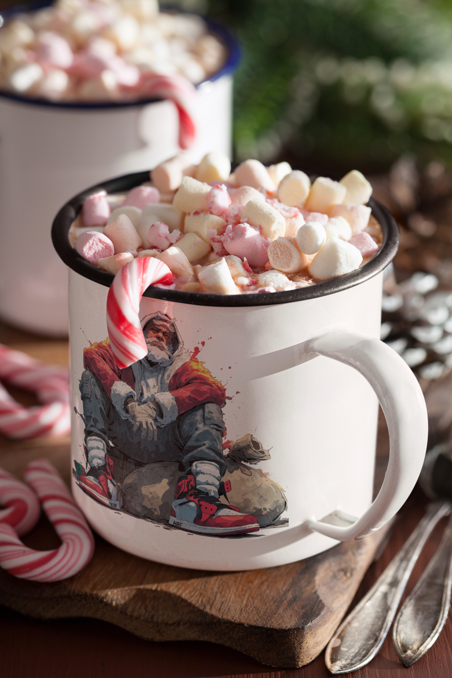 Weihnachtlicher Emaille-Tassen Mockup – heiße Schokolade mit Marshmallows und Zuckerstange im festlichen Stil.
