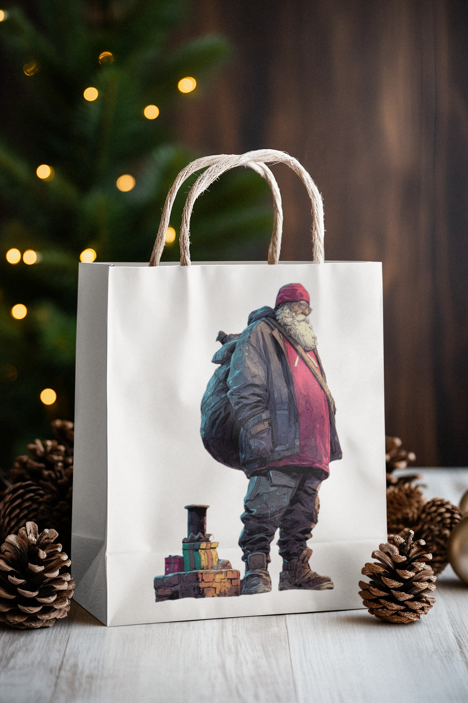 Weihnachtlicher Geschenktaschen Mockup – weiße Tüte mit festlicher Dekoration, Kiefernzapfen und warmem Licht.