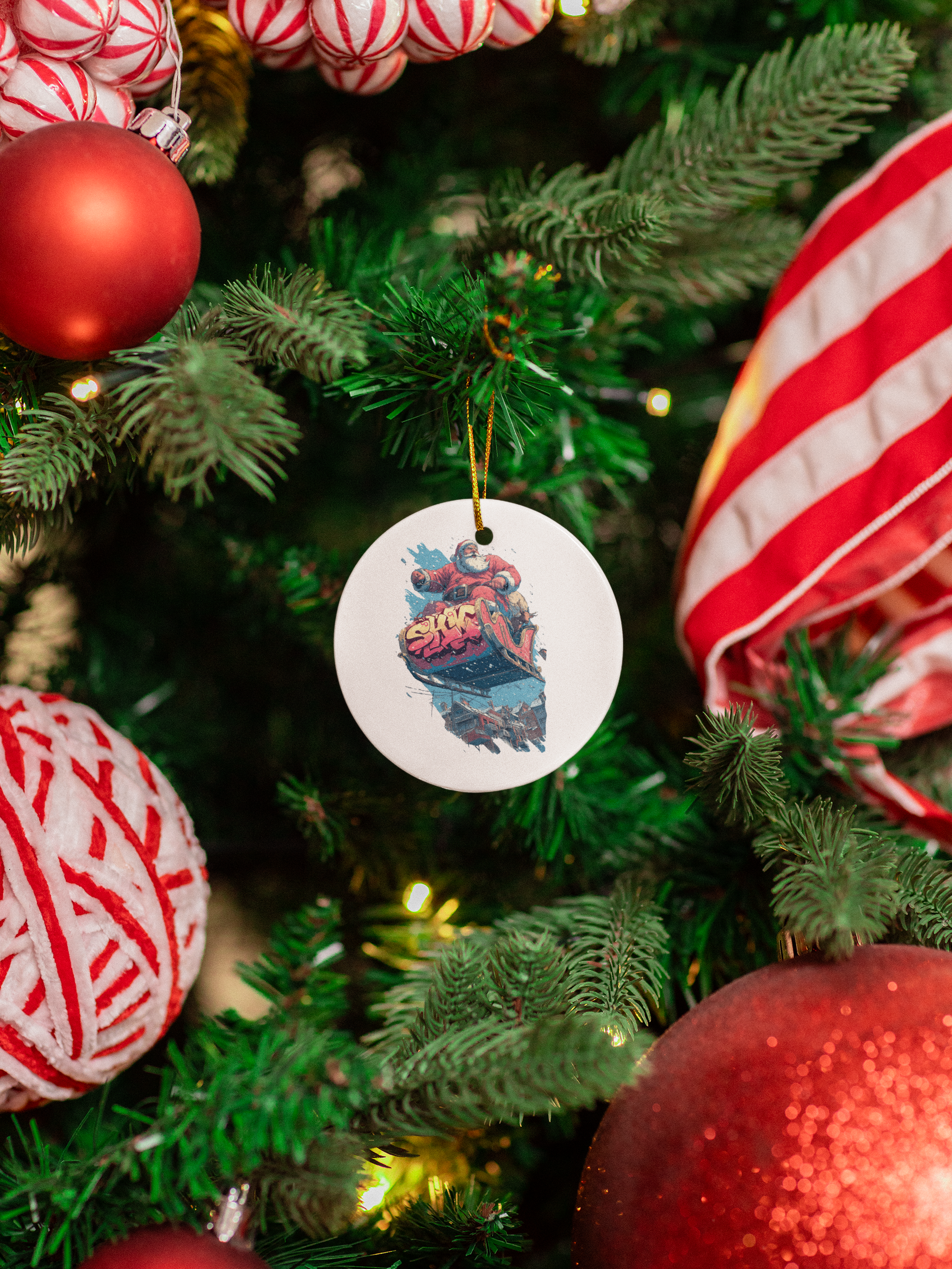 Weihnachtlicher Baumschmuck Mockup – runder Anhänger hängt im geschmückten Weihnachtsbaum.