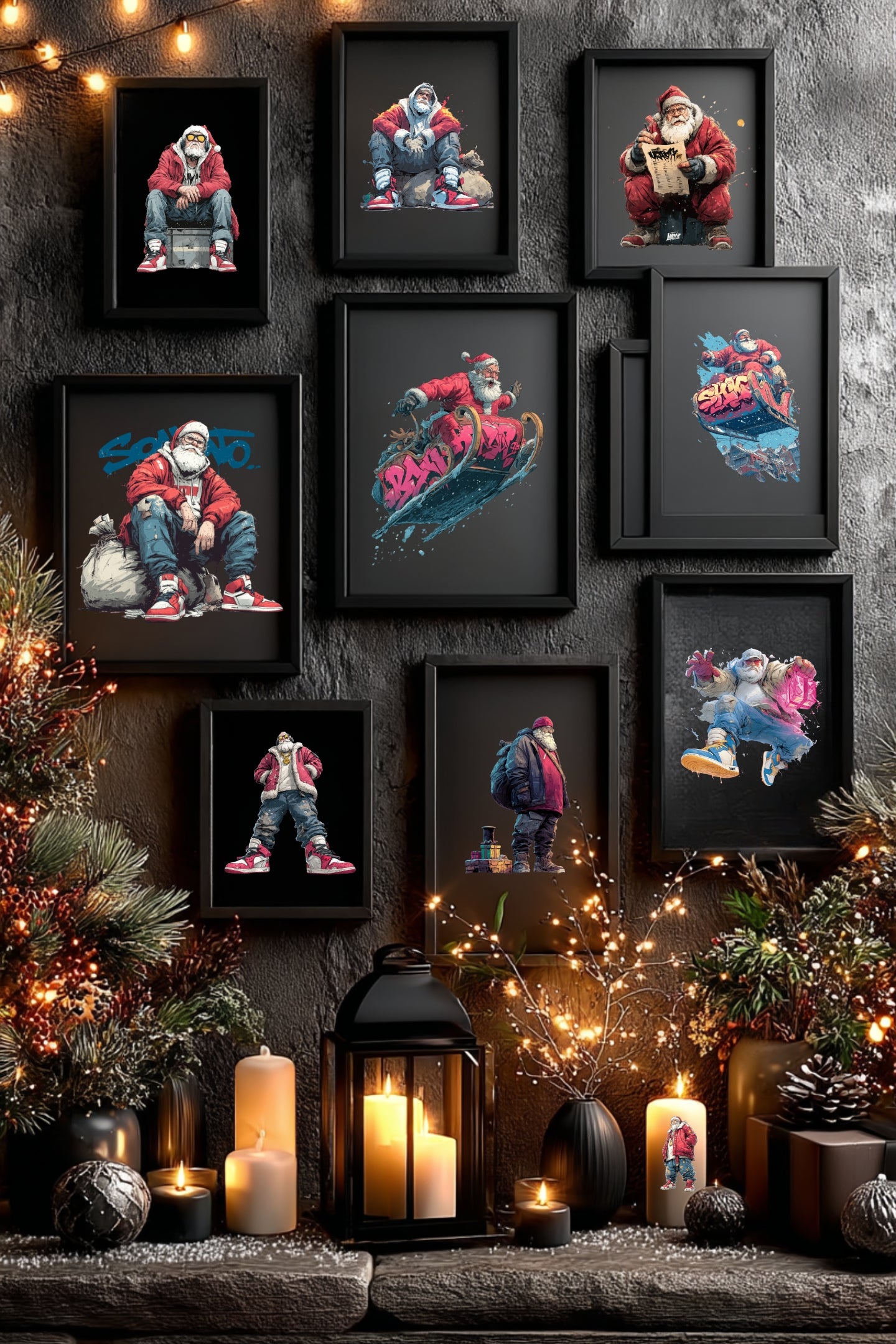 Weihnachtlicher Poster Mockup – mehrere schwarze Rahmen mit Santa Designs, umgeben von Kerzen und Dekoration.