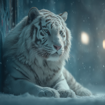 Weißer Tiger im urbanen Winter – Symbol für Stärke, Ruhe und Individualität, inspiriert von Snowtigz Streetwear Designs