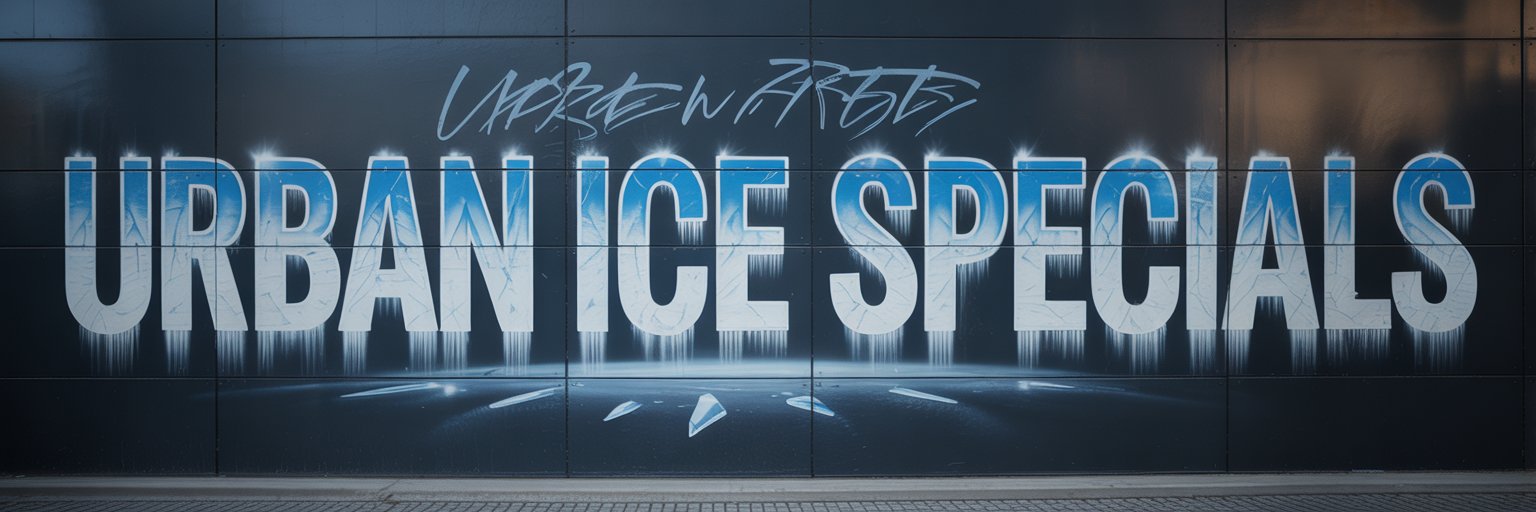 Graffiti „Urban Ice Specials“ in eisblau mit silbernen Frostkanten, gesprüht auf dunkle Betonwand mit Kristall-Details und Krallenspuren, Snowtigz Kategorie-Banner für Urban Ice Specials Kollektion