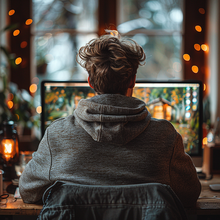 Über-die-Schulter-Ansicht eines Designers in Hoodie am Schreibtisch, fokussiert auf leuchtenden Bildschirm mit digitalen Snowtigz Designs – realistische Szene in moderner urbaner Umgebung, steht für Inspiration und kreative Freiheit