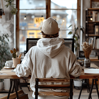 Rückansicht eines Designers in Hoodie, der an einem modernen Schreibtisch konzentriert an digitalen Snowtigz Designs arbeitet – ruhiger urbaner Arbeitsplatz mit natürlichem Licht, Symbol für kreative Energie und digitale Kunst