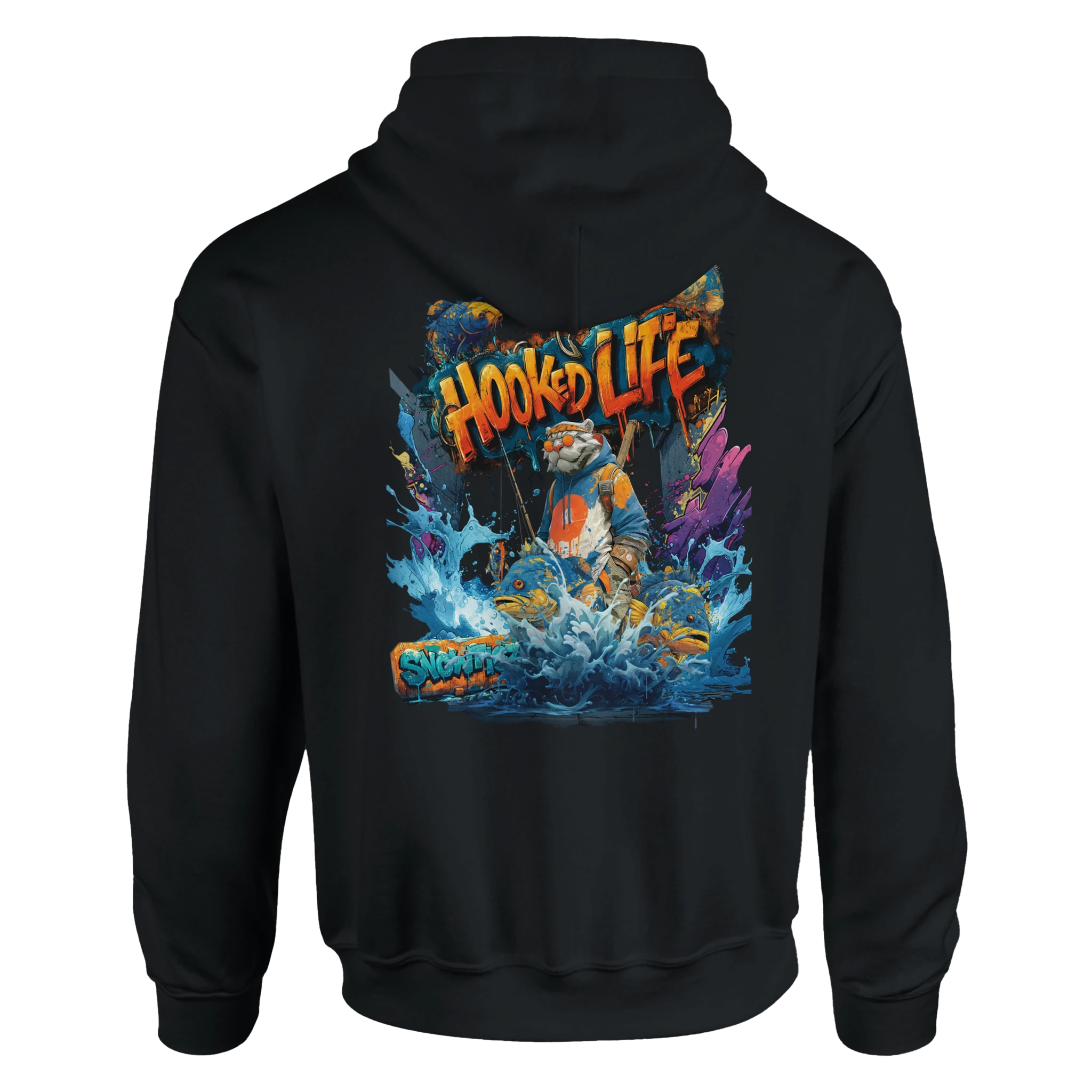 Urban Angler Hoodie mit Tiger und Fischen im Graffiti-Design