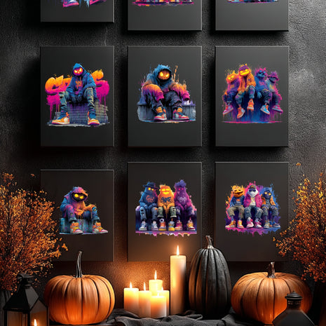 10 Halloween Pumpkin Designs als PNG von Snowtigz auf einer Bilderwand.