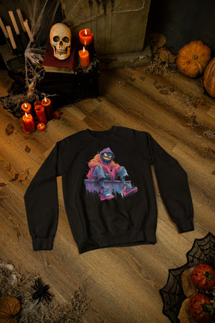 Schwarzes Sweatshirt mit spooky Pumpkin Streetwear Figur – urbaner Halloween Look im Snowtigz Stil.
