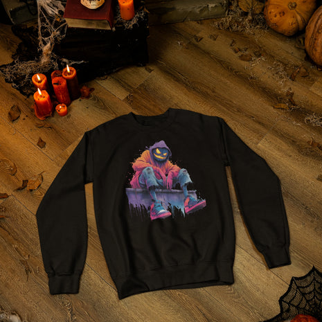 Schwarzes Sweatshirt mit spooky Pumpkin Streetwear Figur – urbaner Halloween Look im Snowtigz Stil.
