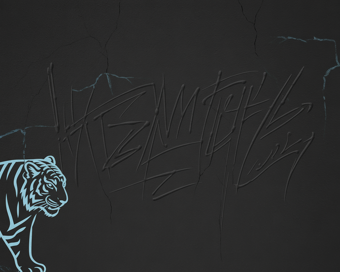 Snowtigz StreetStyle – Weißer Tiger an schwarzer Wand mit eingeritztem Graffiti-Schriftzug und urbanen Eisrissen.