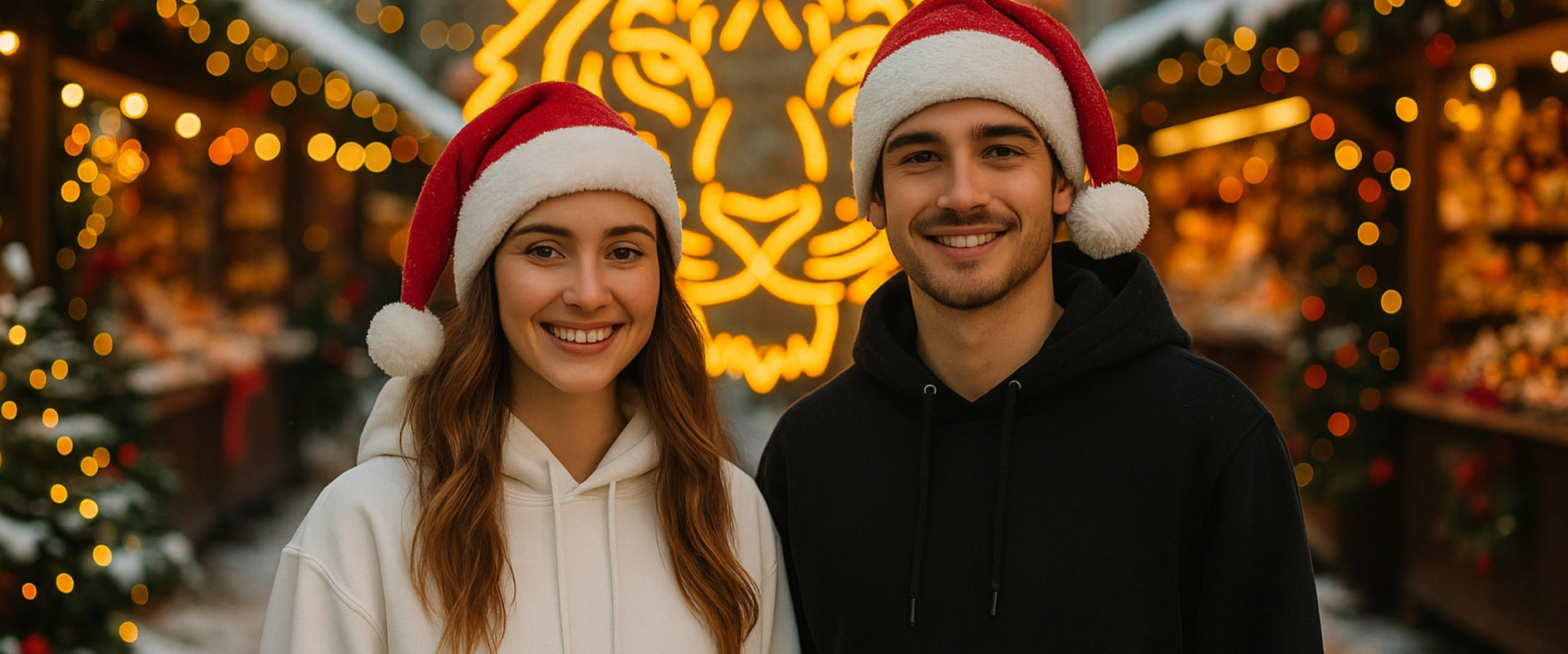 Fröhliches Paar mit Weihnachtsmützen, sie im weißen Hoodie, er im schwarzen Hoodie, auf einem weihnachtlich geschmückten Markt mit Lichterketten und einem großen leuchtenden weißen Tiger im Hintergrund.