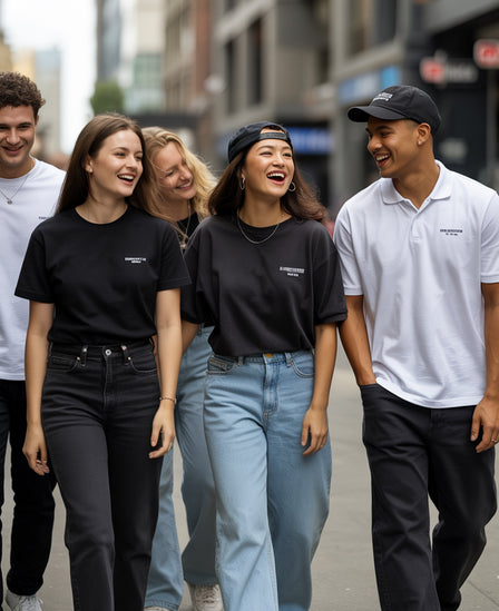 Teens in weiß/schwarzer Streetstyle Mode – Snowtigz Streetwear, lachend