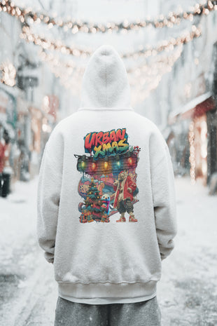 Snowtigz Urban XMAS Hoodie – weißer Tiger als Santa mit Weihnachtsbaum.